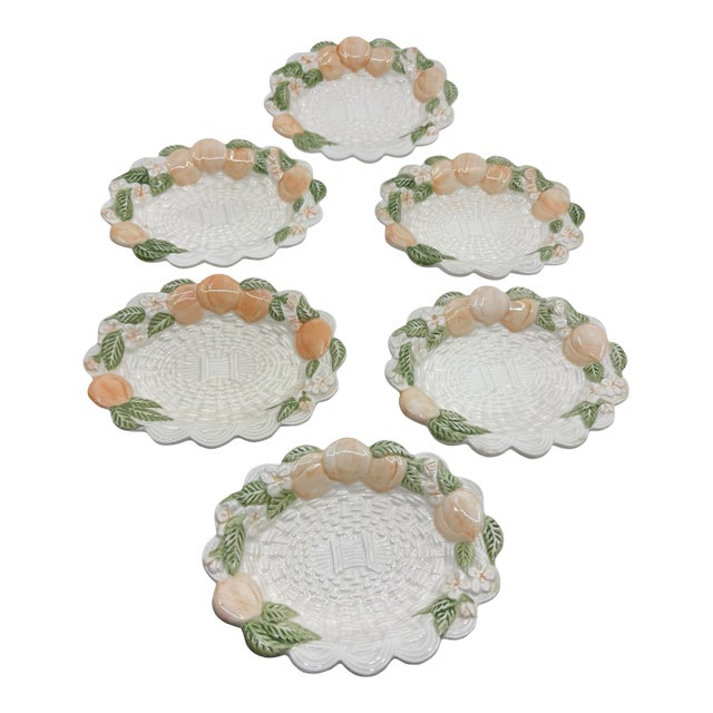 Vintage Ceramic Basketweave and Peach Decorative Dish Set - A Set of 6 For Sale
