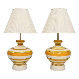 A Pair of Vintage 1960s Striped Ceramic Table Lamps by Remains Lighting For Sale