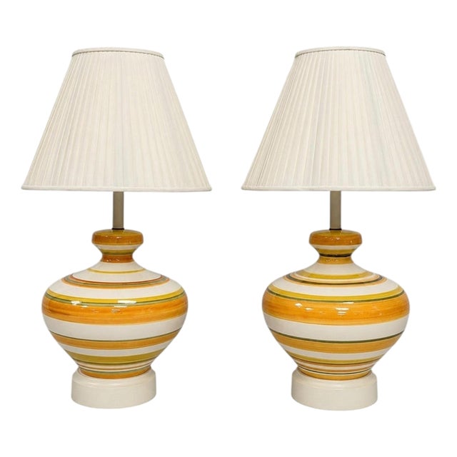 A Pair of Vintage 1960s Striped Ceramic Table Lamps by Remains Lighting For Sale