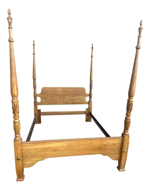 Rare Carved Solid Oak Queen Size Rice Bed Convertible to Full Size - Vintage Late 20th Century - Made in North Carolina by Kincaid