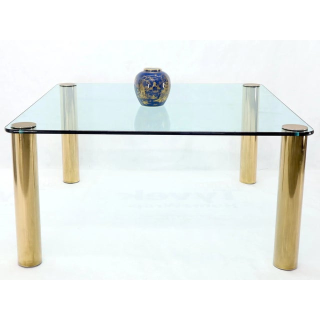Large Square Thick Glass Top Dining Table on Brass Cylinder Legs For Sale - Image 6 of 13