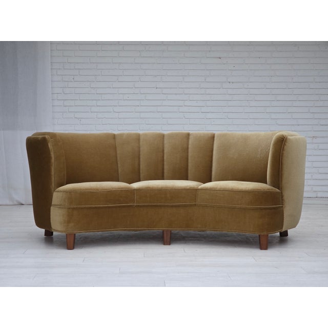 1960s, 3-seater Danish "Banana" sofa. Original olive/green furniture velour, beech wood legs, brass springs in the seat....