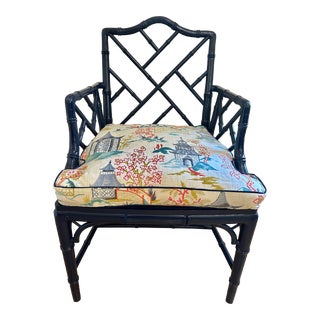 Vintage Chinese Chippendale Navy Blue Armchair With Caned Seat and Chinoiserie Cushion For Sale