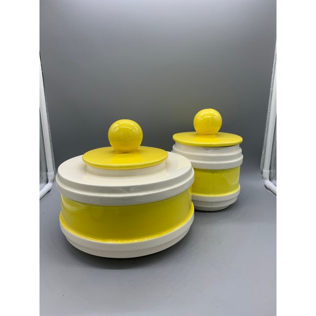 Vintage California Pottery Yellow White Kitchen Canisters A