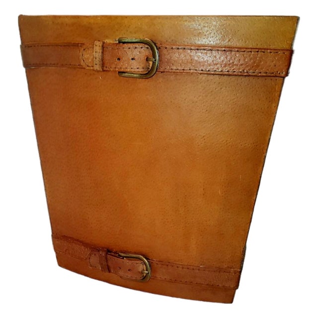 Rustic Vintage Leather Trashcan/Wastebasket With Leather Belted Straps For Sale