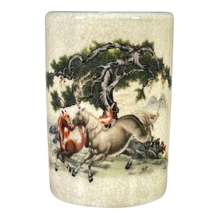 Crackle Glaze Porcelain Brush Pot With Horse & Pine Motif For Sale