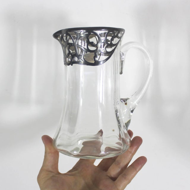 Vintage Art Nouveau Glass Pitcher With Silver Overlay Bar Cocktail Pitcher Silver Rim For Sale - Image 4 of 10