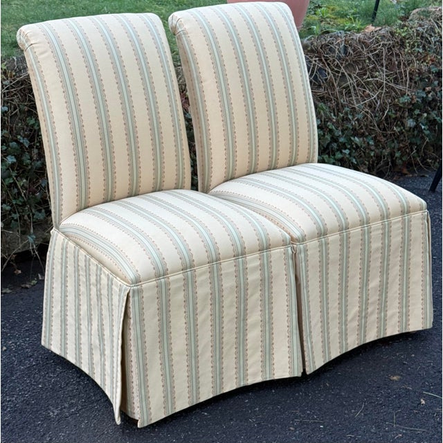 Traditional Ethan Allen Upholstered Skirted Parsons Dining Chairs - A Pair For Sale - Image 3 of 10