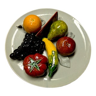 1950s Caldas Majolica, 3-D Ceramic Plate With Life-Like Fruits, Pottery Made in Portugal For Sale