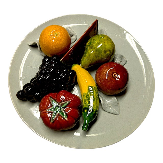 1950s Caldas Majolica, 3-D Ceramic Plate With Life-Like Fruits, Pottery Made in Portugal For Sale