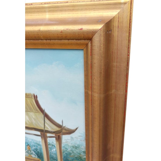 Chinoiserie Vintage Chinoiserie Pagoda Fishing Village Gold Leaf Framed Trumeau Oil Painted Wall Mirror For Sale - Image 3 of 6