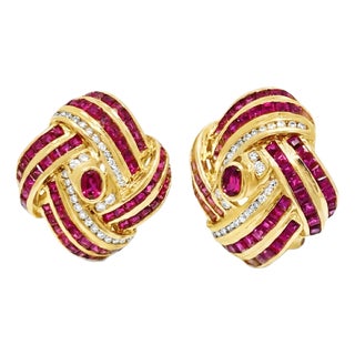18k Yellow Gold 4cts Rubies & 0.60cts Diamonds Studded Ribbon Wave Earrings, A Pair For Sale