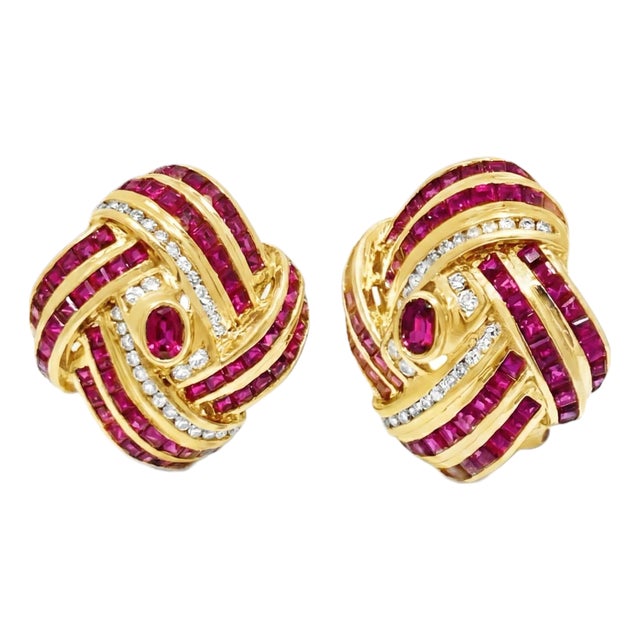 18k Yellow Gold 4cts Rubies & 0.60cts Diamonds Studded Ribbon Wave Earrings, A Pair For Sale