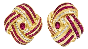 18k Yellow Gold 4cts Rubies & 0.60cts Diamonds Studded Ribbon Wave Earrings, A Pair