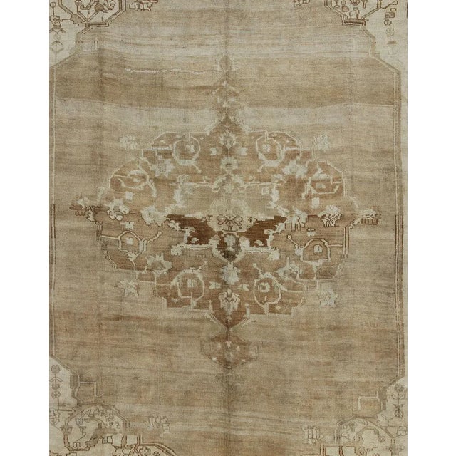 Brown, tan, and ivory vintage Turkish Oushak rug with floral center medallion, rug ars-538, country of origin / type:...