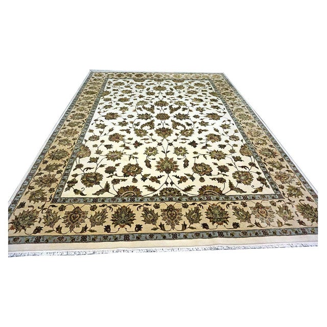 Indian Tabriz Wool & Silk 9x12 White Ivory, Tan, Blue, & Green Handmade Area Rug #1144267
