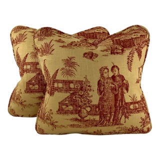 Designer Covington 5th Avenue Designs Gold Red "Les Chinois" Asian Chinoiserie Oriental French Country Toile Pillow Covers- 14" Pair For Sale