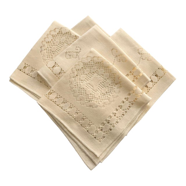 Set of 6 Vintage Cutwork Dinner Napkins Broderie Anglaise Eyelet Early 20th Century Traditional Edwardian Victorian Beige For Sale