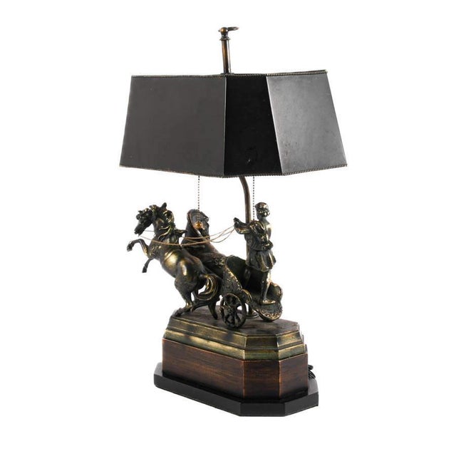 Neoclassical Neoclassical Cast Metal Horse and Chariot Figural Desk Lamp With Black Metal Shade For Sale - Image 3 of 4