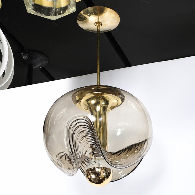 Metal Mid-Century Smoked Glass Undulating Pendant Chandelier by Peill & Putzler For Sale - Image 7 of 14