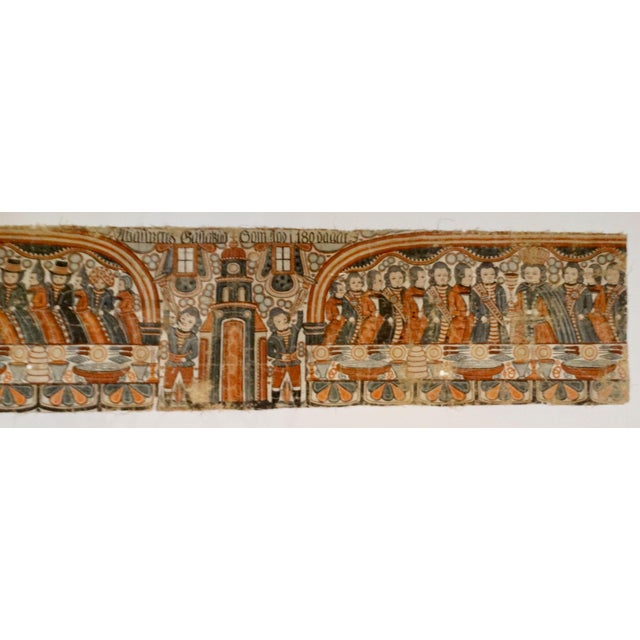Early 19th Century Antique Painted Swedish Folk Art Linen Bonad Depticing Ahasuerus’ Banquet, Book of Esther For Sale - Image 5 of 12