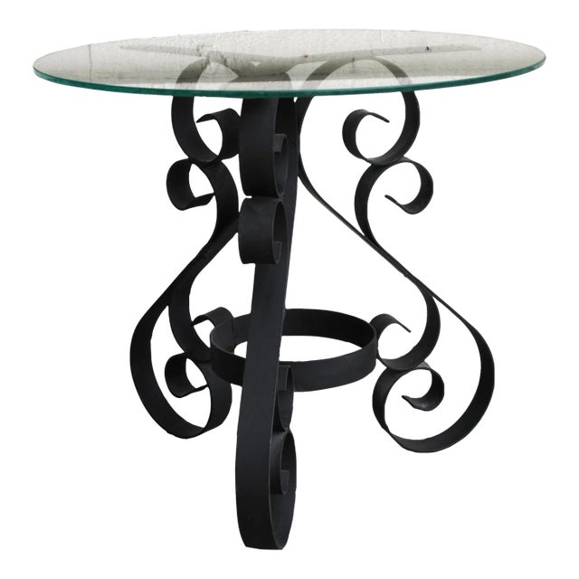Mid 20th Century Vintage Wrought Iron Scroll Glass Top Table For Sale