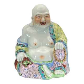 Chinese Famille Rose Laughing Buddha Budai/Hotei Statue (Large 12.5”) Polychrome Ceramic Vintage For Sale