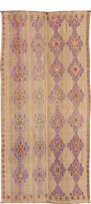 Kilim Rug With Embroidered Purple Diamonds and Star Border