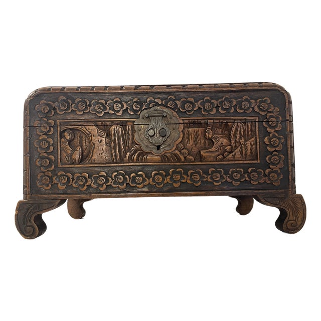 1950s Hand-Carved Solid Camphor Wood Footed Treasure Chest - Hong Kong Export For Sale