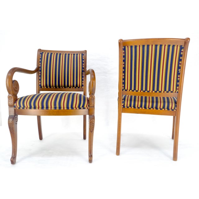 Brown Pair of Regency Style Carved Open Arm Fireside Lounge Chairs Stripe Upholstery For Sale - Image 8 of 18
