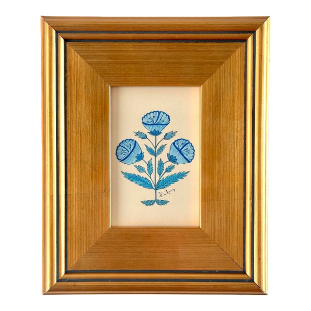 Original Hand-Painted Blue Floral Motif Painting, Frame For Sale
