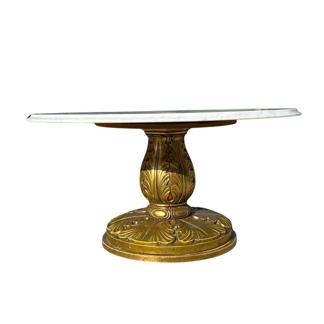 Hollywood Regency 1960s Conmar Italian Hollywood Regency Coffee Table With Carrara Marble Top | Hand-Carved Giltwood Acanthus Pedestal | Made in Italy For Sale - Image 3 of 15