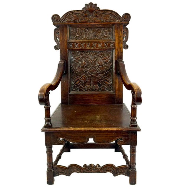 Rare Dated 1670 Museum-Quality 17th C. Charles II English Oak Yorkshire Wainscot Armchair This exceptional antique English...