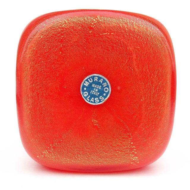 Persimmon Vintage Murano Fratelli Toso Red Orange Gold Flecks Italian Art Glass Squared Bottle Flower Vase For Sale - Image 8 of 9