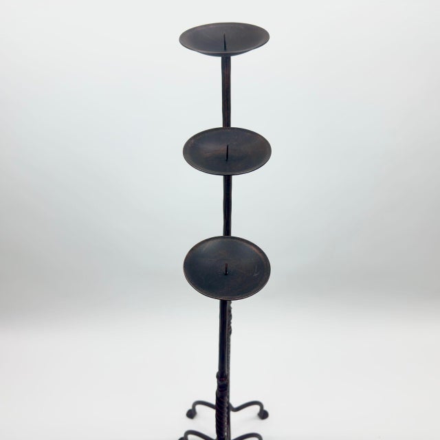 Hand Forged Iron Candelabra Set of 3 (93-113cm) Antique Copper Finish Barley Twist Stem with Arched Base For Sale - Image 4 of 6