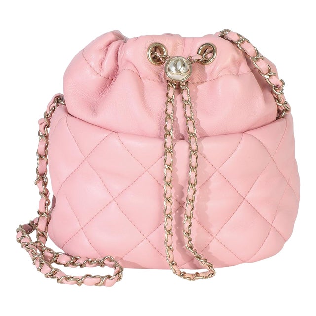 Pink Quilted Lambskin Pearl Drawstring Bucket Bag For Sale