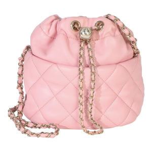 Pink Quilted Lambskin Pearl Drawstring Bucket Bag