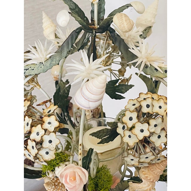 Metal 1950s Lovely Floral Tole and Sea Shell Candle Pendant Lamp For Sale - Image 7 of 10