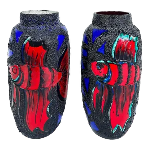 Mid 20th Century Monumental West German Ceramic Lava Glaze Fish Vases- a Pair