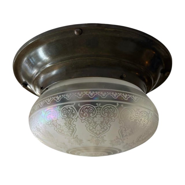Early 20th Century Rare Art Nouveau Signed Acid Etched and Iridized Flushmount Ceiling Fixture For Sale In Los Angeles - Image 6 of 6