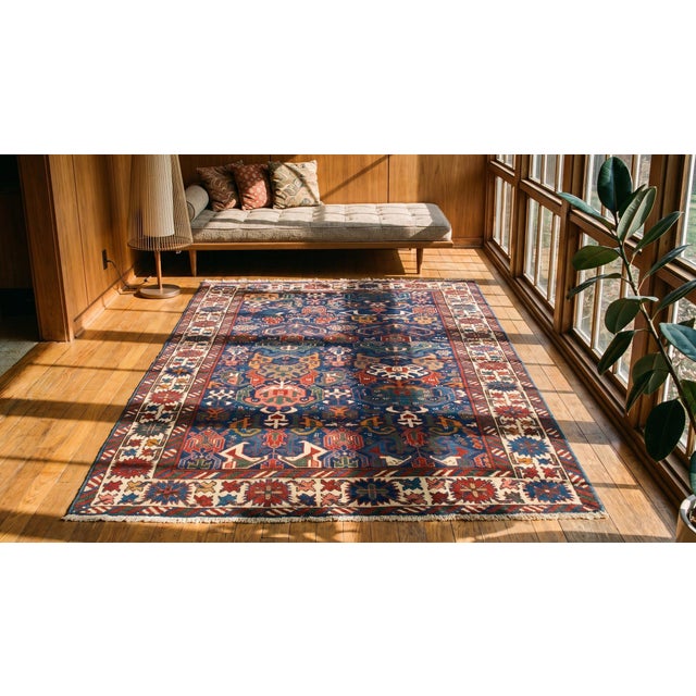 Textile 1890s Blue Navy Geometric Tribal Antique Caucasian Bidjov Rug Hand Knotted 3'7" X 6'6" Wool Carpet For Sale - Image 7 of 8