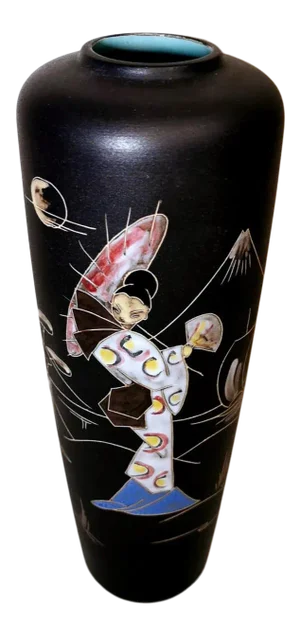 Vintage 1960s Ruscha Keramik Germany Ceramic Vase With Japanese Decoration