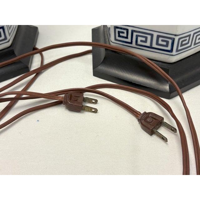 Vintage Mid Century Blue and White Ceramic Hexagon Shaped Table Lamps- A Pair For Sale - Image 12 of 17