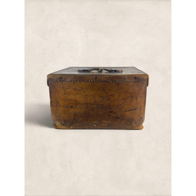 Textile Antique English Leather Hat Box With Red Silk Interior & “t.s.” Initials For Sale - Image 7 of 8