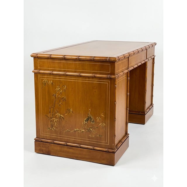 Mid-Century Modern Faux Bamboo Leather Top Desk For Sale - Image 3 of 11