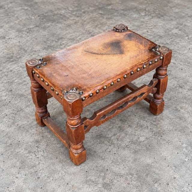Wood Spanish Medieval-Style Wood and Leather Ottomans, 1920s Set of 2 For Sale - Image 7 of 8