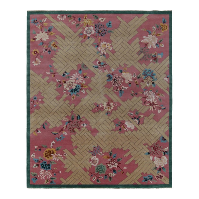 Rug & Kilim’s Chinese Deco Style Rug in Pink, Beige & Blue Floral Patterns For Sale