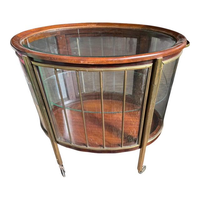 Early 20th Century Antique Mahogany Curio Bar Cart Display Cabinet With Curved & Leaded Glass For Sale