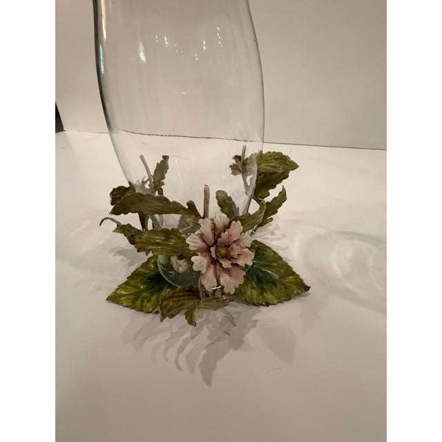 Vintage Italian Painted Tole & Glass Candle Hurricanes -a Pair For Sale - Image 4 of 10