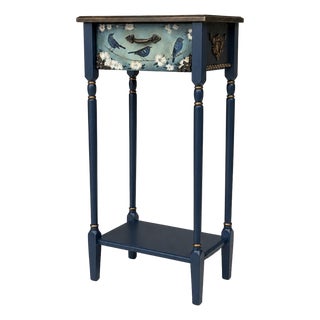 Hand-Painted Blue Birds Console Table – Solid Wood Entryway Accent Furniture For Sale